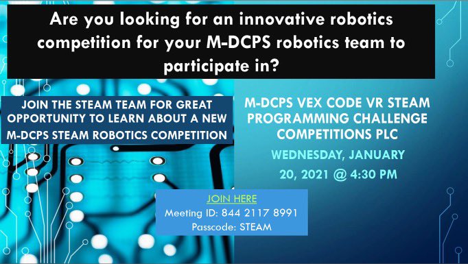 MDCPSRobotics's tweet photo. Robotic coaches and if you are one of our teachers interested in robotics, join the STEAM Team today at 4:30 pm, for a great opportunity to learn about our NEW MDCPSβ VEX Code VR Robotics Competitions. #RoboticsIsTheLanguageOfSTEAMInMDCPS #ItTakesSTEAM https://t.co/D3QC0Kf0af