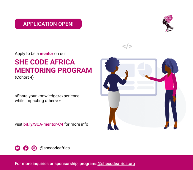 SheCodeAfrica's tweet photo. Did you know, an hour of mentoring a day can help ignite or accentuate the growth of another in tech?
Weโre looking for experts in tech who would like to come in a s mentors via our #SCAmentoringProgram.
Sign up here: https://t.co/YW9Mfx3mmA to learn more
#SCAmentor https://t.co/aGjXSSXSIN