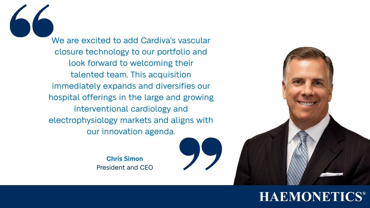 HaemoneticsCorp's tweet photo. Today, we announced we have entered into an agreement to acquire @CardivaMedical. We look forward to welcoming the team and the VASCADE® family of vascular closure products to Haemonetics. https://t.co/3QITeQcggL https://t.co/sNYxxzCeit