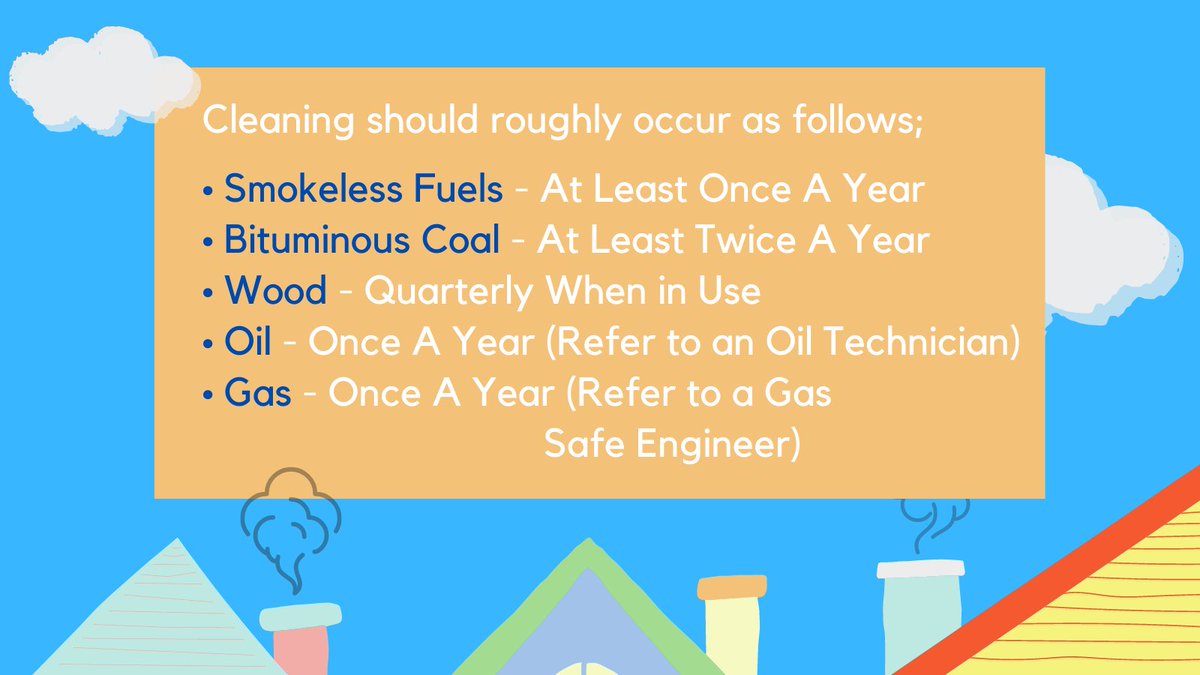 SurreyFRS's tweet photo. Know how often you need to sweep chimney!
• Smokeless Fuels - At Least Once A Year
• Bituminous Coal - At Least Twice A Year
• Wood - Quarterly When in Use
• Oil - Once A Year (Refer to an Oil Technician)
• Gas - Once A Year (Refer to a Gas
Safe Engineer)
#BurnSafe 🔥 https://t.co/80L106YB3F