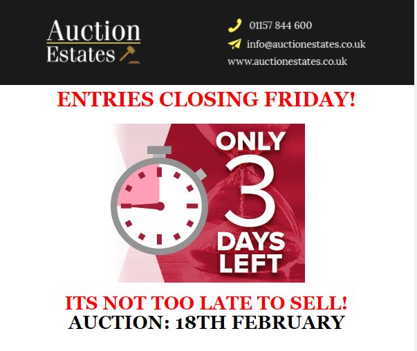 auctionestates1's tweet photo. Itโs not too late to sell! Only 3 days left to enter your property in our next auction on 18th February, which is the final chance to compete your sale before the stamp duty deadline. #auction #property #sell #freehold #commercial #entriesclosing https://t.co/dcklE5KylN
