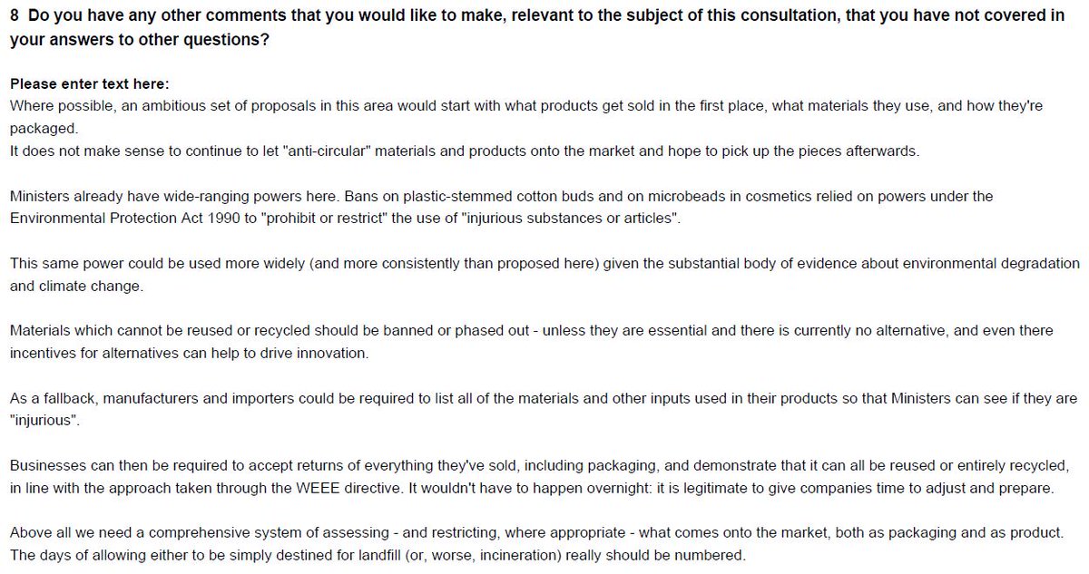 This is a good start, but Ministers need to be more ambitious and bring in a comprehensive system under which all materials which can't be reused or recycled are banned, and all manufacturers are required to take back all products and all packaging for reuse or recycling 