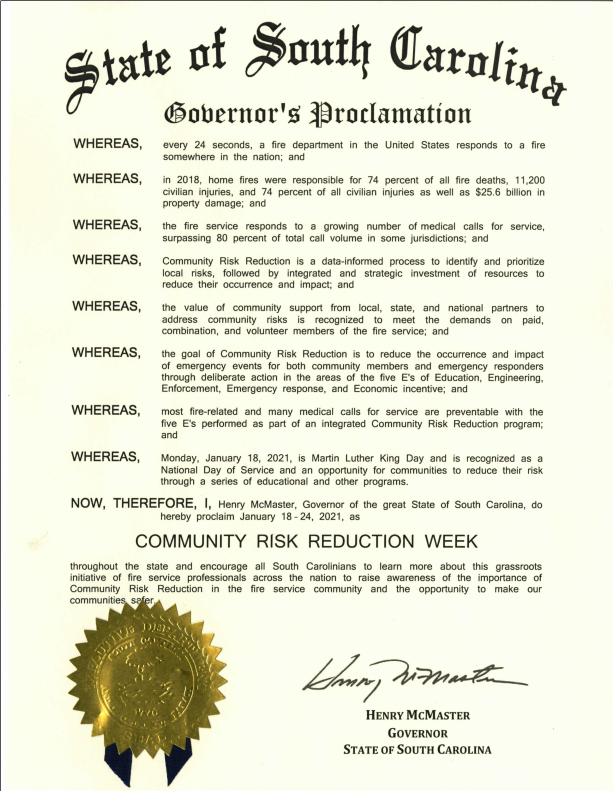 BlufftonFire's tweet image. The State of South Carolina declares January 18 – 24, 2021 as Community Risk Reduction Week. Attached is the proclamation from Governor McMaster.

 #firesafesc #scstatefire #blufftontwpfire #communityriskreduction