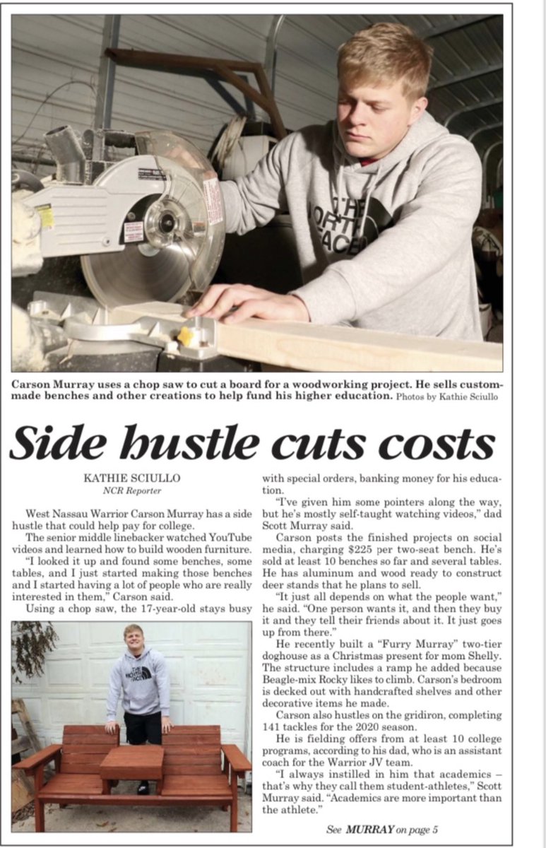 SMurray2511's tweet photo. CarsonMurray14 was on the front page of the Nassau County Record today. He’s even working off of the field trying to pay for college! I am so proud of him!@CoachButler_WN https://t.co/4zMKdtaema