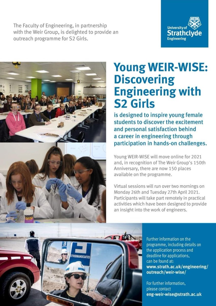 Applications are now OPEN for <a href="/StrathEng/">Strathclyde Engineering</a> Young Weir Wise outreach programme, aimed at S2 girls, which is running virtually in April 2021.