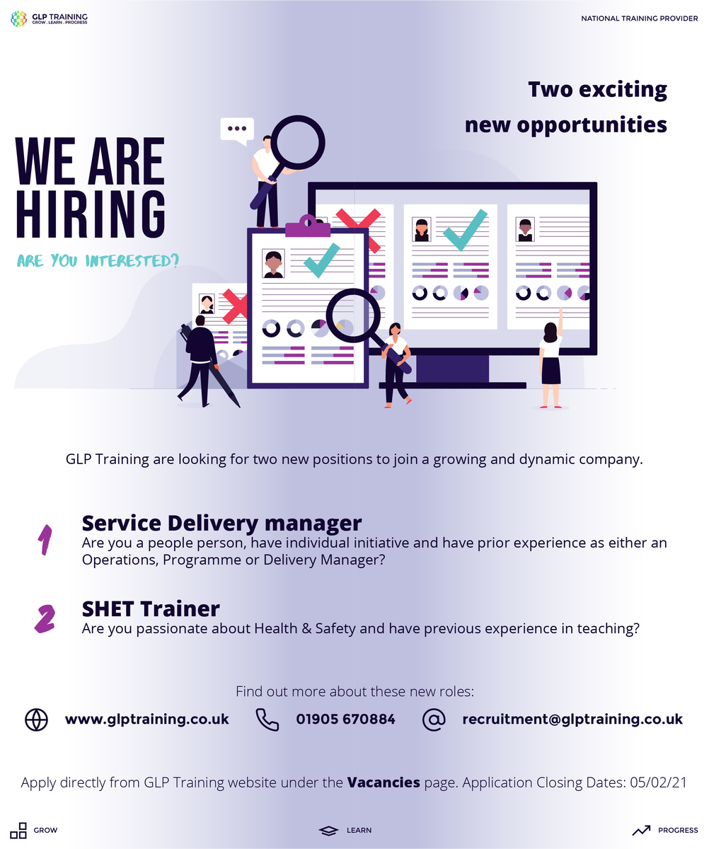 We are hiring! Are you interested? Two exciting new opportunities to join GLP Training, a growing and dynamic company. 

Find out more 
@glptraininguk
 or glptraining.co.uk

Full post content also on Instagram 
instagram.com/p/CKRBf8KJxz3/