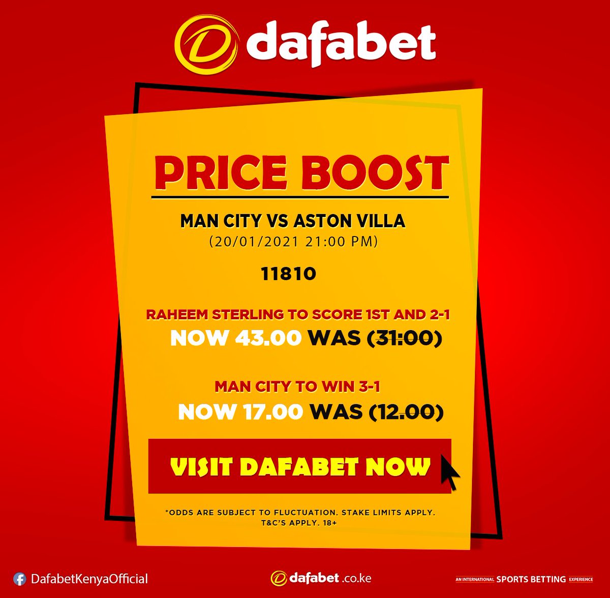 DafabetKenya's tweet photo. HIGHEST PRICE BOOST
We are boosting ODDS for some crazy games.
Man City vs Aston Villa
🏆#Premierleague
odds &amp; #PriceboostSpecial
visit 👉 https://t.co/FoFo3JItak

18+ bet responsibly
#TukoGame #browsebilabundles
T&amp;C Apply https://t.co/Wh9XAFqqm9