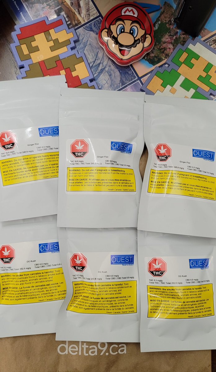 Mario204Super's tweet photo. A Super haul from @ouestcannabis at #Delta9 @Delta9BioTech revised menu issue now offering #GINGERFIZZ 24.8% Thanks to everyone's help in the mix up, it shows how much these companies actually care about us and their Brand. Pins, stickers, swag from D9 π₯° just doing my part ππΌ https://t.co/5klt1LWvZa