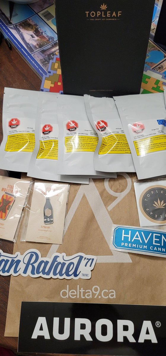 Mario204Super's tweet photo. A Super haul from @ouestcannabis at #Delta9 @Delta9BioTech revised menu issue now offering #GINGERFIZZ 24.8% Thanks to everyone's help in the mix up, it shows how much these companies actually care about us and their Brand. Pins, stickers, swag from D9 π₯° just doing my part ππΌ https://t.co/5klt1LWvZa
