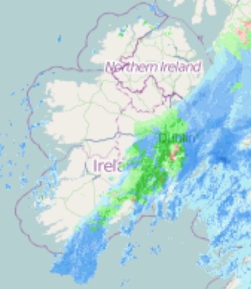MetAlertIreland's tweet photo. Latest precipitation radar at midday. Slow transition in the southeast of rain blue, to green sleet and uplands snow in pink. AVOID UPLAND ROAD NETWORKS IN WICKLOW NEXT 36 HOURS. #MetalertIreland https://t.co/pRFqFLoonA