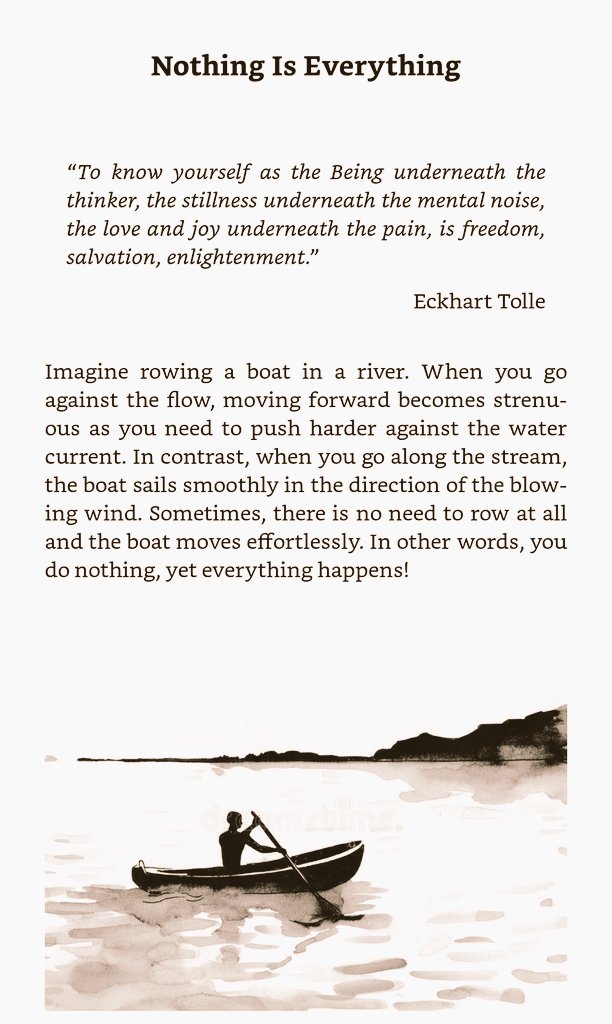 When you row a boat upstream vs when you sail with the flow.. which one is easier?
Read about Wu Wei in my book.
amazon.com/dp/B08SBDL5DG/…

#wuwei #haveyoutrieddoingnothing #doingnothing #amwriting #WritingCommunity #mustread #lawsofnature