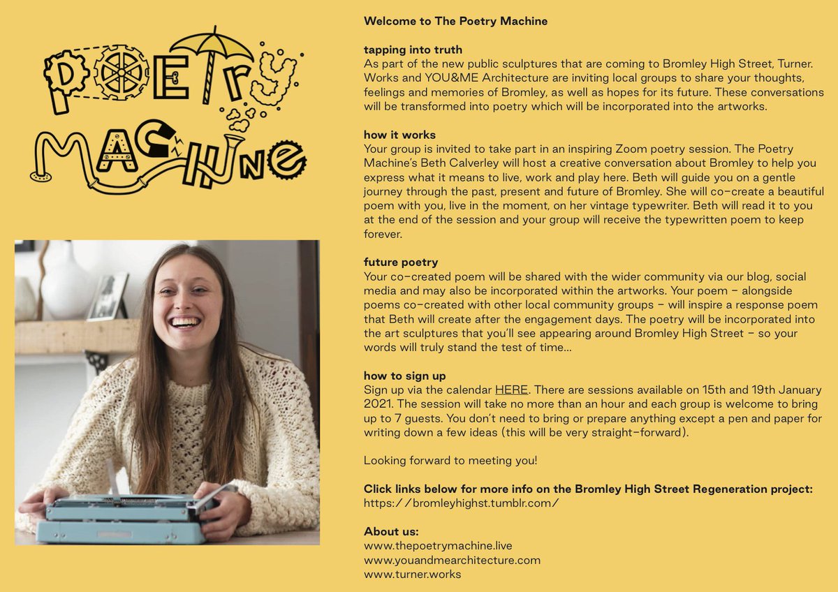 We've had a few packed days with poetry co-creation sessions with 10 #Bromley #community groups +  <a href="/poetrymachine/">Poetry Machine</a>.  Amazing conversations! Thanks <a href="/JusB_Bromley/">JusB</a> <a href="/BromleyCivic/">BromleyCivicSociety</a> @BromleyMarket Bromley Youth Council. Part of #highstreet #regeneration  by <a href="/youandme_archi/">you&me architecture</a> <a href="/Turner_Works/">Turner.Works</a>