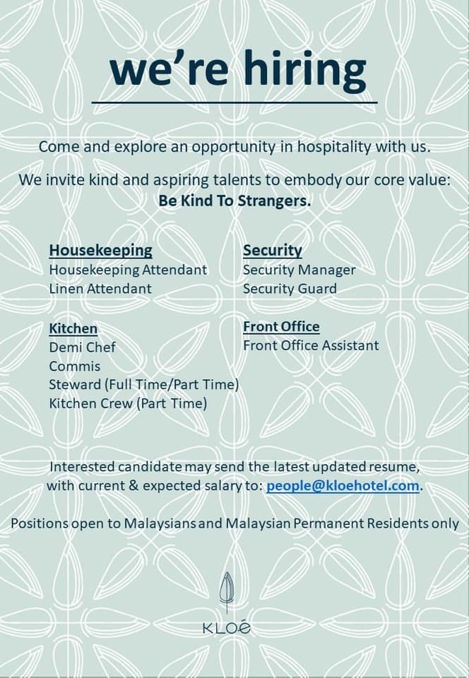 Kloe Hotel Kuala Lumpur jobs vacancies 2021 for Housekeeping, Security, Front Office, Kitchen positions.
hotelkini.com/jobs/kloe-hote…

#hotelkini #hoteljobs #malaysiahotel #workinmalaysia #kloehotel #kualalumpurhotel