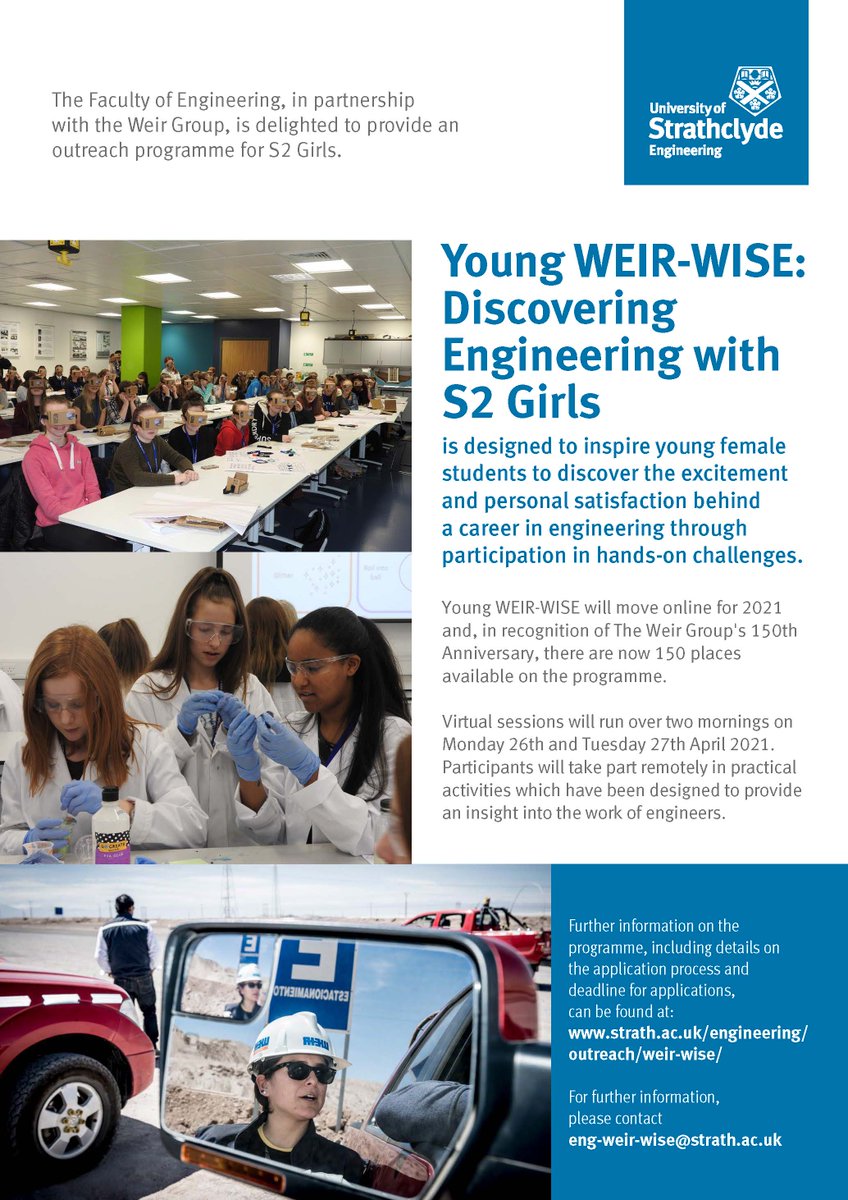 StrathEng's tweet photo. Applications are now OPEN for our Young Weir Wise outreach programme, which is running virtually in April 2021, and open to all S2 girls in Scotland. An amazing opportunity to find out more about Engineering study and careers. Apply online now https://t.co/OB5hhAsC2J https://t.co/6huHyuSlQK