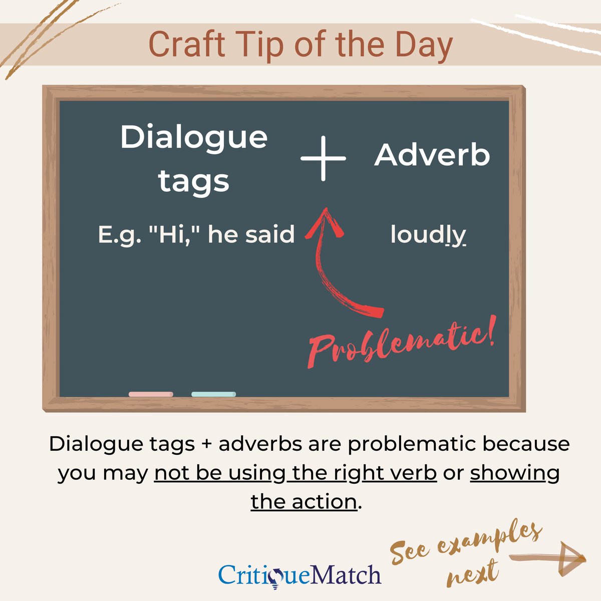 CritiqueMatchNY's tweet photo. Editor pet peeve alert!
Adverbs are to be used sparingly (as in this case 😂) but especially so after dialogue tags!
#writingtip #writerscafe #crafttips
#amwriting #writingcommunity #critiquematch https://t.co/BAuZeetSiQ