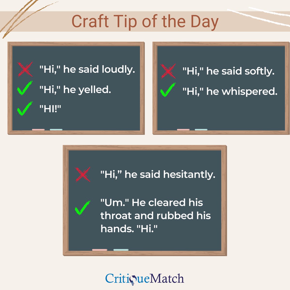 CritiqueMatchNY's tweet photo. Editor pet peeve alert!
Adverbs are to be used sparingly (as in this case 😂) but especially so after dialogue tags!
#writingtip #writerscafe #crafttips
#amwriting #writingcommunity #critiquematch https://t.co/BAuZeetSiQ
