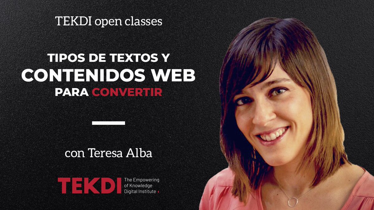 Sabes qué contenidos debes crear en tu web para vender más? Cómo generar textos que llamen la atención de tus clientes? Hoy a las 18:00 en esta TEKDI class GRATUITA podrás resolver tus dudas sobre #CopyWriting con Teresa Alba
Apúntate gratis aquí https://t.co/vwYw54dGIk https://t.co/YqR4iGZ8Yk