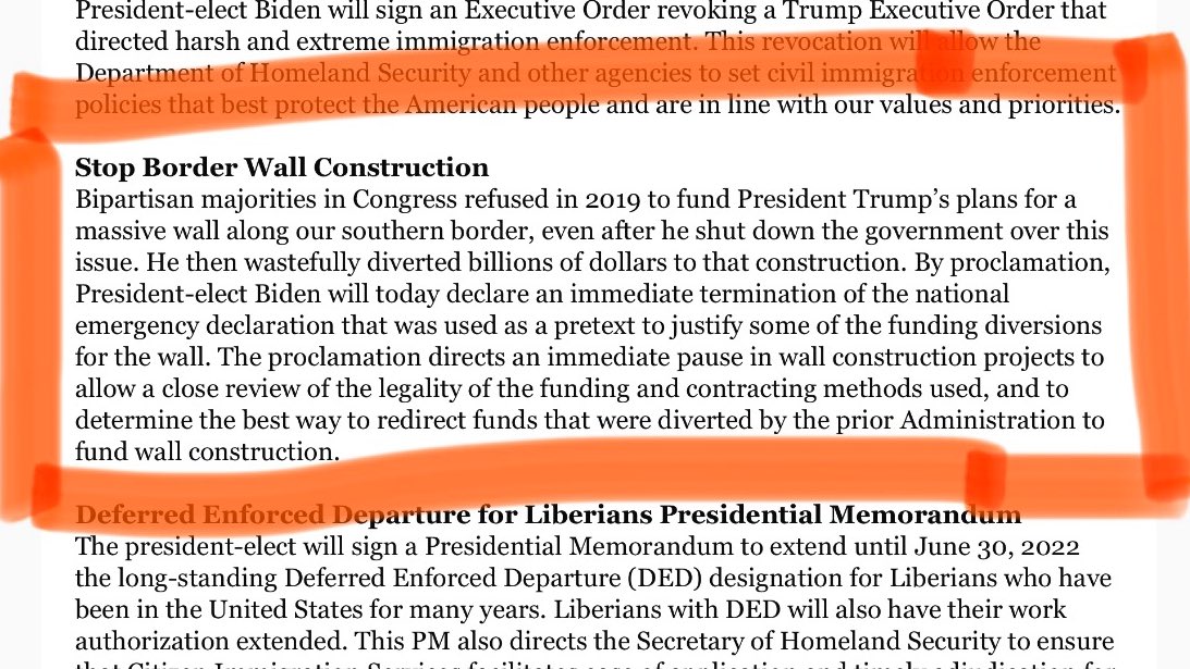 diazbriseno's tweet photo. Este es el anuncio hecho en la madrugada por el equipo de Biden confirmando que el nuevo presidente detendrá hoy mismo la construcción del muro fronterizo con Mexico tras tomar posesión #Inauguration 👇 https://t.co/ZwkaTIWyeL