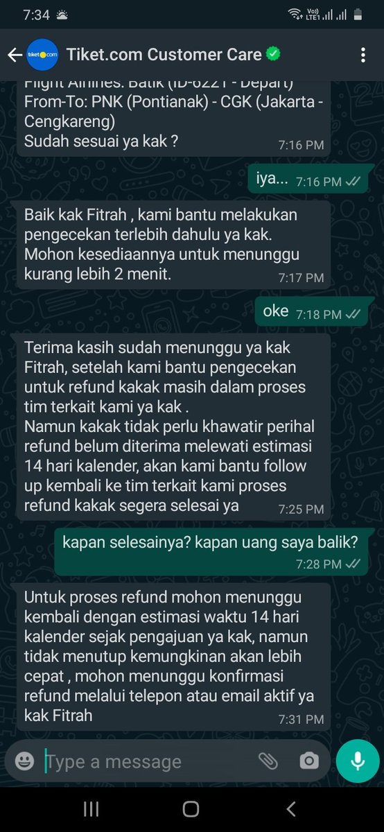 Ngajuin refund dr 1 Januari, janji 14 hari duit balik, lalu ngomong: "Jangan khawatir walau proses sudah lewat dari 14 hari..."

trus abis itu ngomong: "...estimasi waktu 14 hari dari waktu pengajuan..."

Kecewa berat sama layanan CS <a href="/tiket/">tiket.com</a> 

Pake traveloka aja besok-besok :)