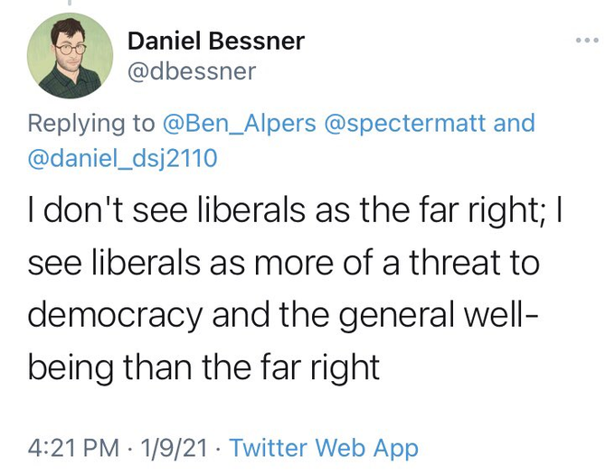 Both authors have form. Bessner, a a contributing editor at Jacobin and a non-resident fellow at the Koch Brothers funded  @QuincyInst, tweeted this gem a couple of days after armed MAGA putschists stormed the Capitol: