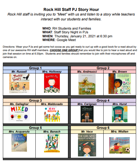 rockhill910's tweet photo. RH can't wait for our Staff Story Hour tomorrow night. Tune in Jan. 21 at 6:30pm!  Wear your jams and drink some hot cocoa as you curl up with a good book!  Our awesome staff is ready to read with you!  Google Meet links will be arriving in your ClassTag tomorrow morning. https://t.co/QFcGw9LOhS