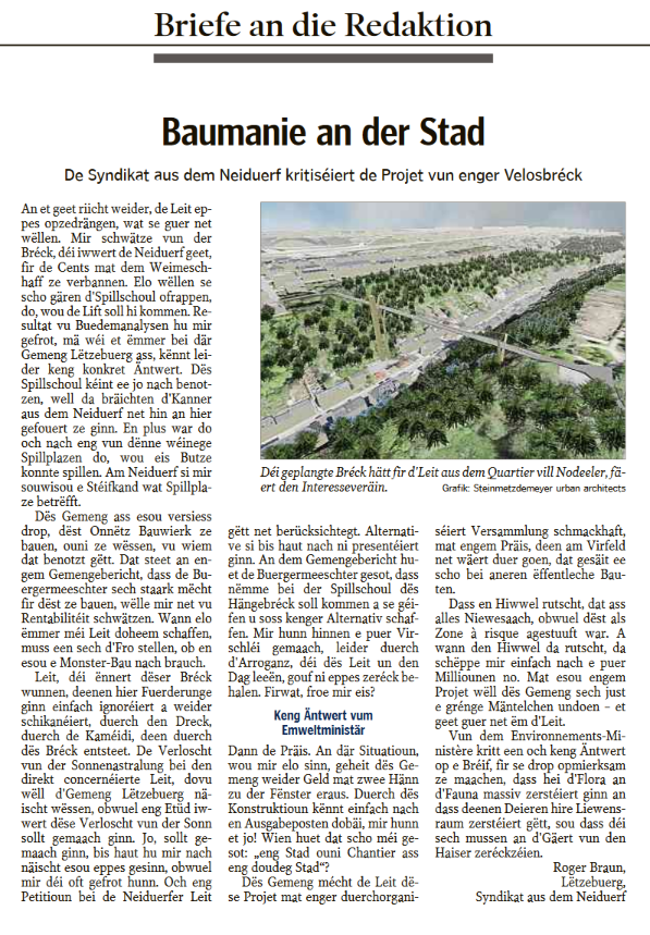 luxembourgize's tweet photo. Today, in #MVOSGameofThrown: a letter ranting against the #NeudorfDirectBridge project. Having direct access to quarters Cents and Kirchberg without using a bus or a car is not even mentioned by the #OKBoomer author. Very disappointing world view, sad https://t.co/INExujtNLY https://t.co/NhwC7gcxWG