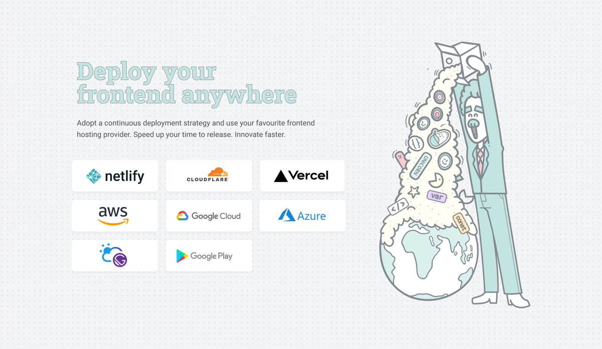 Deploy your stuff anywhere. Did we miss any? *pouring stuff*. New developer pages coming soon™   <a href="/CrystallizeAPI/">Crystallize💎</a> <a href="/Cloudflare/">Cloudflare</a> <a href="/vercel/">Vercel</a> <a href="/awscloud/">Amazon Web Services</a> <a href="/googlecloud/">Google Cloud</a> <a href="/Azure/">Microsoft Azure</a> <a href="/GatsbyJS/">Gatsby</a>