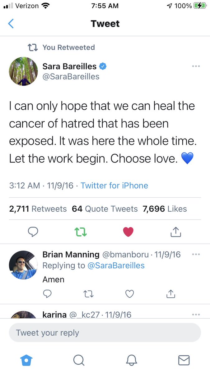 taliacaryn's tweet photo. I retweeted this when Trump got elected...so much work has been done but there is still so much to do. Let the healing continue. Thanks, @SaraBareilles 💙 #chooselove #kindnesswins https://t.co/QjwZpnVYSL