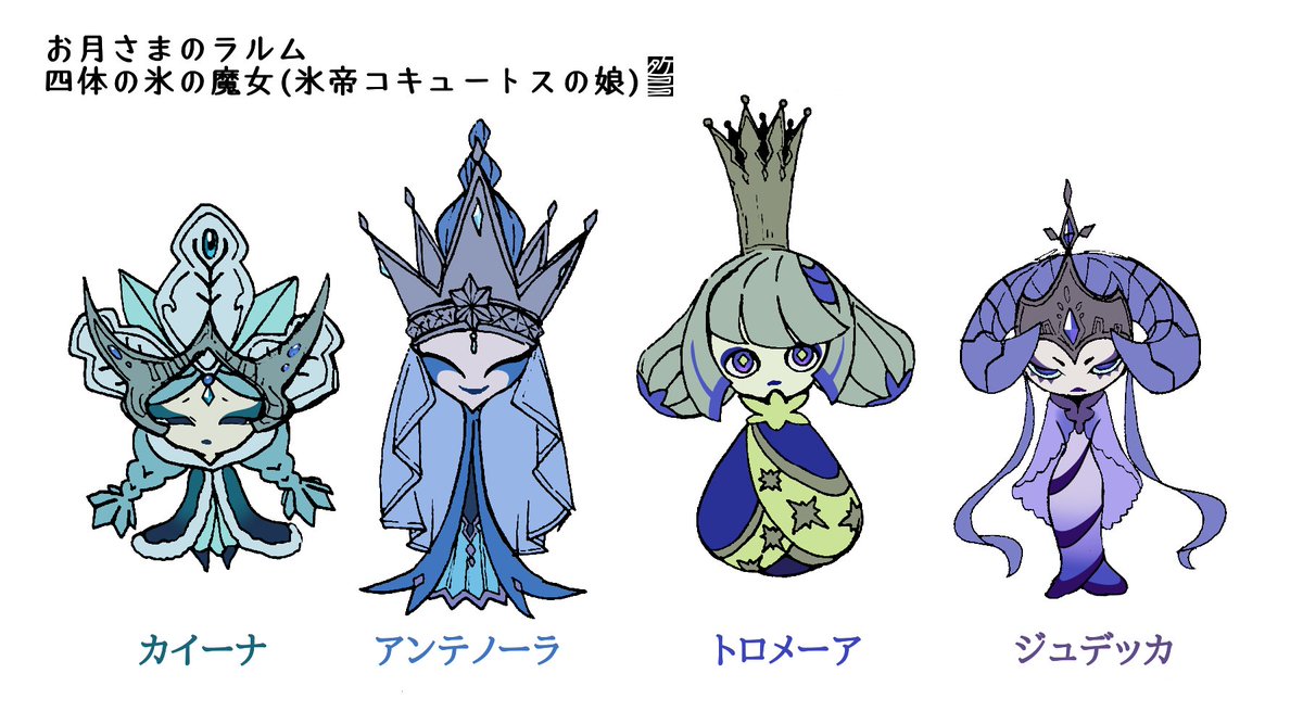 タケノコノコ 4 お月さまのラルム コキュートスの娘 四姉妹の氷の魔女 名はそれぞれ ダンテ 神曲 第9圏谷の氷地獄コキュトスの４つの区画から また１人一人の動物のモチーフは新生代第四紀に絶滅した生物から