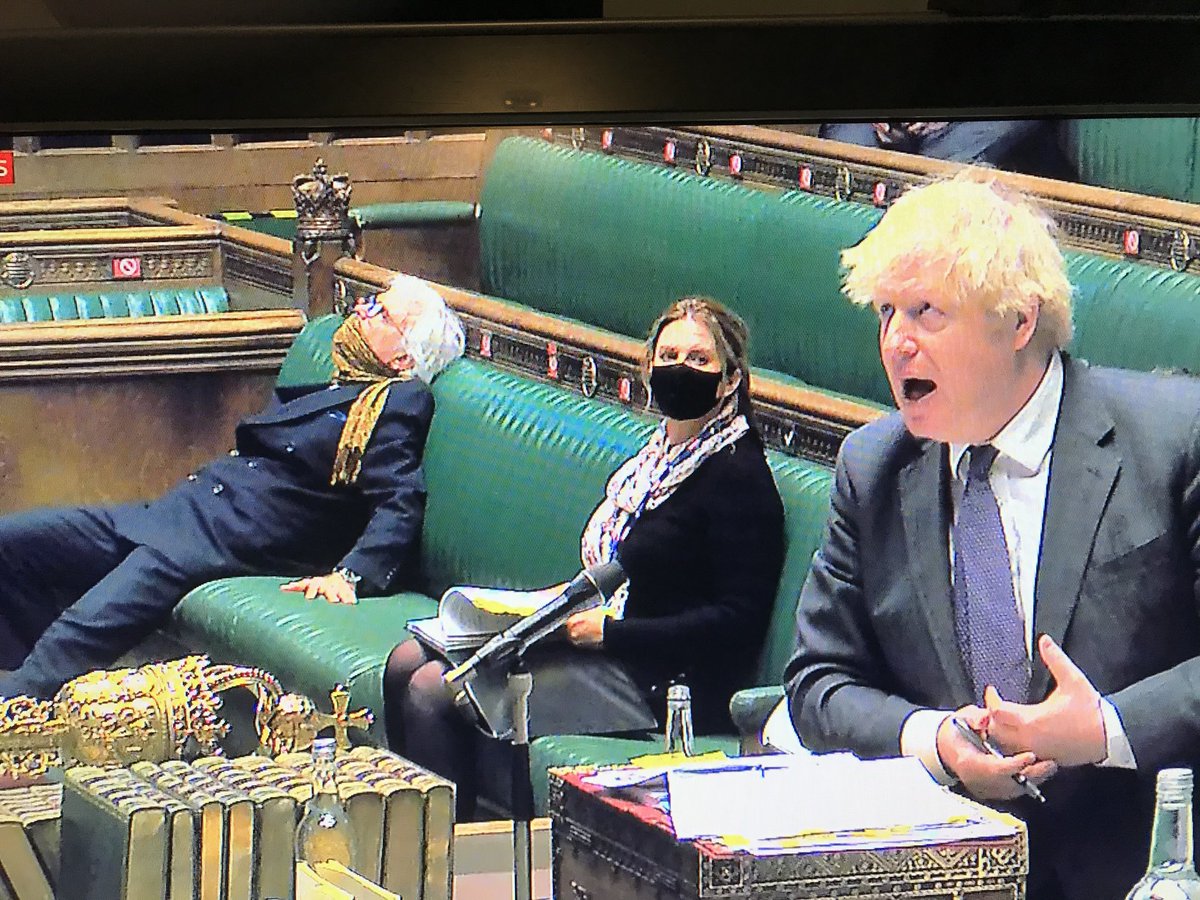 Mark_Rand's tweet photo. A scarf over the mouth does not count as adequate face covering. #sleepingatwork #takingthepiss #PMQ https://t.co/IN0duZb9DU