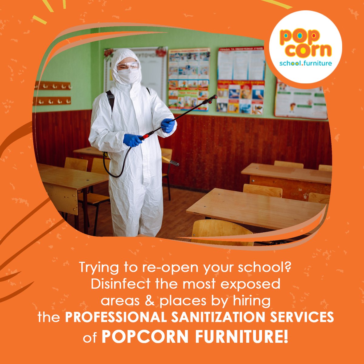 Trying to re-open your school? Disinfect the most exposed areas and places by hiring the professional sanitization services of Popcorn Furniture! 
Visit: popcornfurniture.com
#PopcornFurniture #Covid19 #DisinfectionServices #HygienePractices