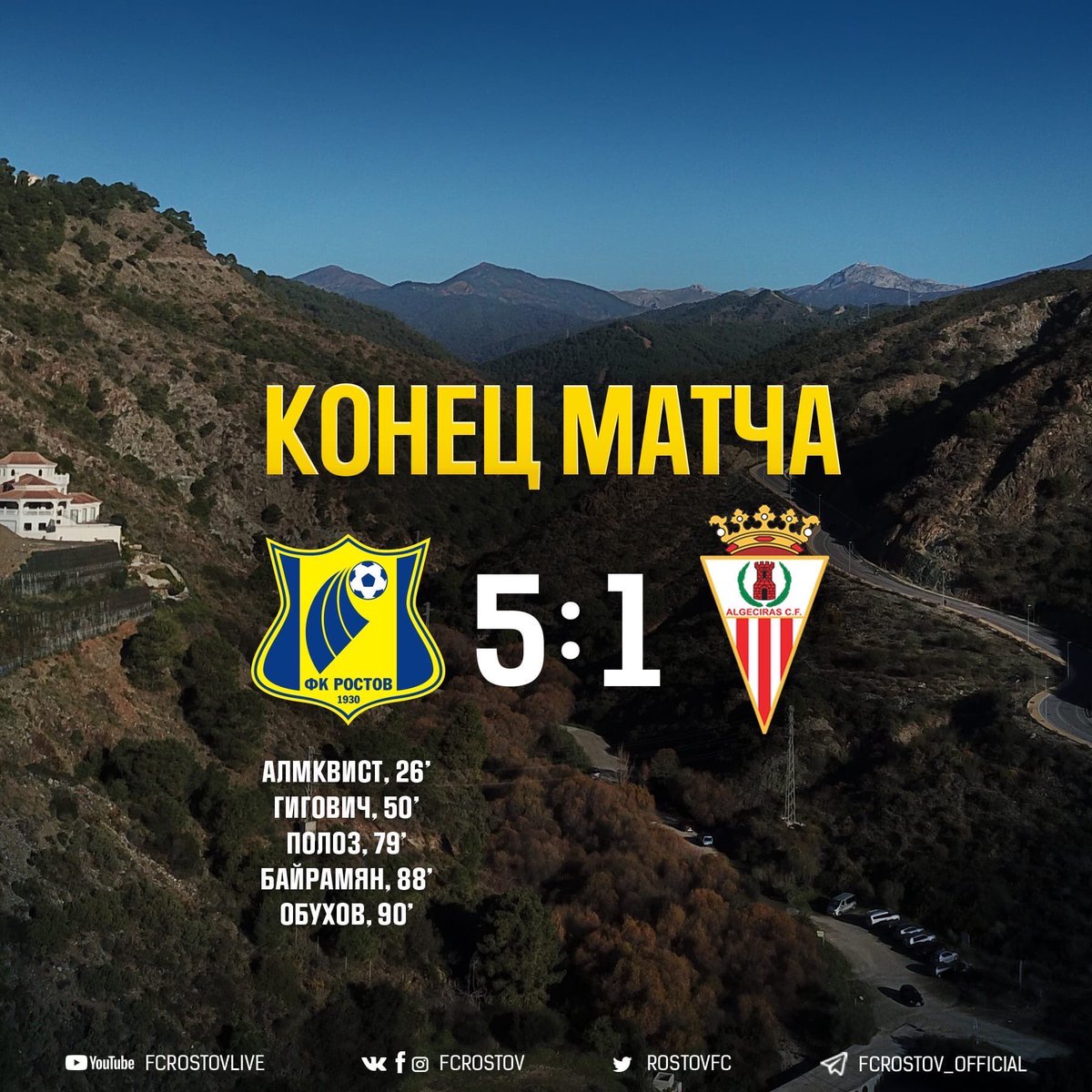 fc_rostov_en's tweet photo. Rostov beat Algeciras in a friendly match at the winter training camps in Spain (5:1). Throughout Rostov owned the game. The goals were scored by Almqvist, Gigovic, Poloz, Bayramyan and Obukhov. https://t.co/1PeEYcPJnB