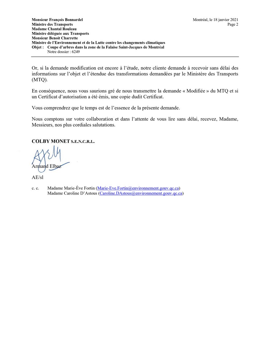 Legal letter from <a href="/SauvonsFalaise/">Sauvonslafalaise</a> to <a href="/CharetteB/">Benoit Charette</a> <a href="/fbonnardelCAQ/">François Bonnardel</a> <a href="/rouleauchantal/">Chantal Rouleau</a> re #DESTRUCTION  of #falaise .
