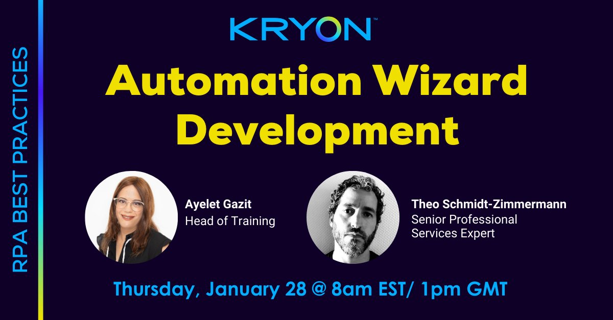 KryonSystems's tweet image. We are kicking off 2021 w/ a new #RPA Best Practices webinar series! Join our experts Jan 28 to learn how to set the groundwork for high quality, maintainable, and robust #automation workflows. bit.ly/3qFEwcB #rpadevelopment #roboticprocessautomation #processautomation