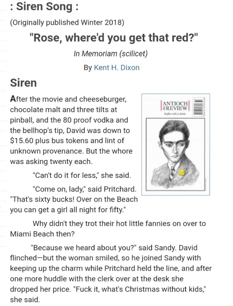 17. "Siren Song" by Kent H. Dixon. Available online at  @AntiochReview  http://review.antiochcollege.org/siren-song 