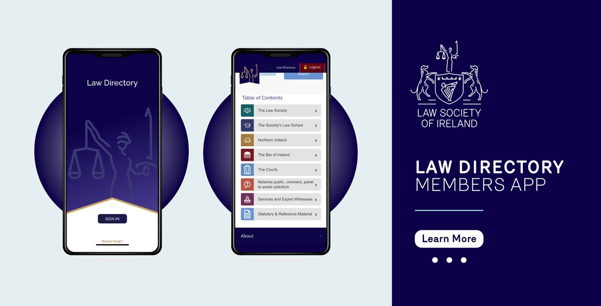 Michnolan's tweet photo. There's an App for that! Have you downloaded the new @LawSocIreland Digital Law Directory? Now available on Google Play and Apple App stores:
>Find a Solicitor
>Law Society Personnel
>Committee Listings and more 
https://t.co/zjoog1SXaW https://t.co/VB09TaZCLD