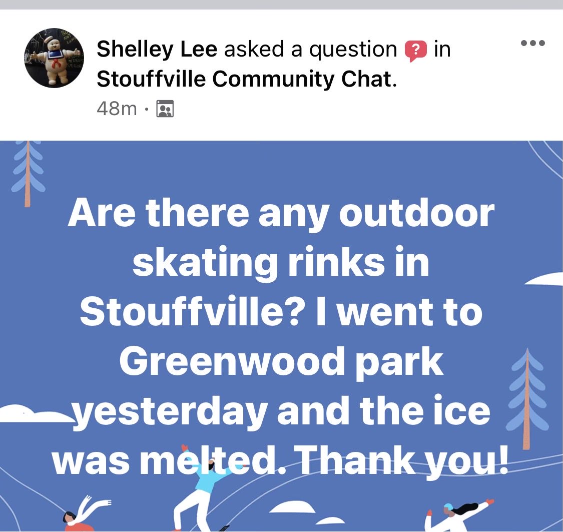 MsStouffville's tweet photo. Dumb question of the week !!!!

Yeah !!!!
Greenwood Park rink is melted

But the one four blocks away is perfect and hard as a rock.
 
Next time have a coffee before you post
#stouffville https://t.co/xLpl2il7Cq