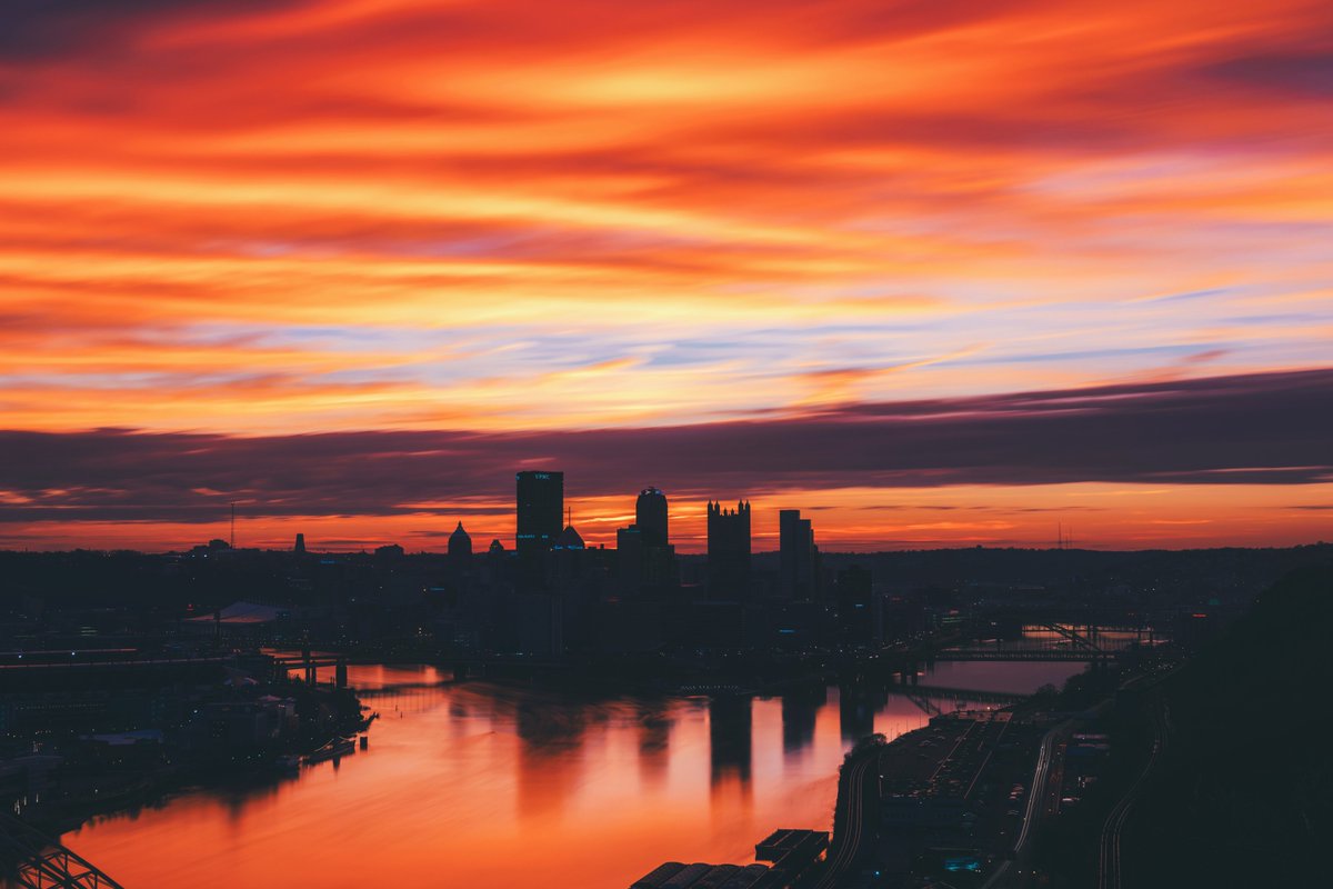 Long exposures and fast moving clouds always make for the perfect combination. In this one minute exposure of an incredible sunrise over a silhouetted #Pittsburgh, the various layers of clouds all have different colors, as the dark of night gives way to a beautiful new day.