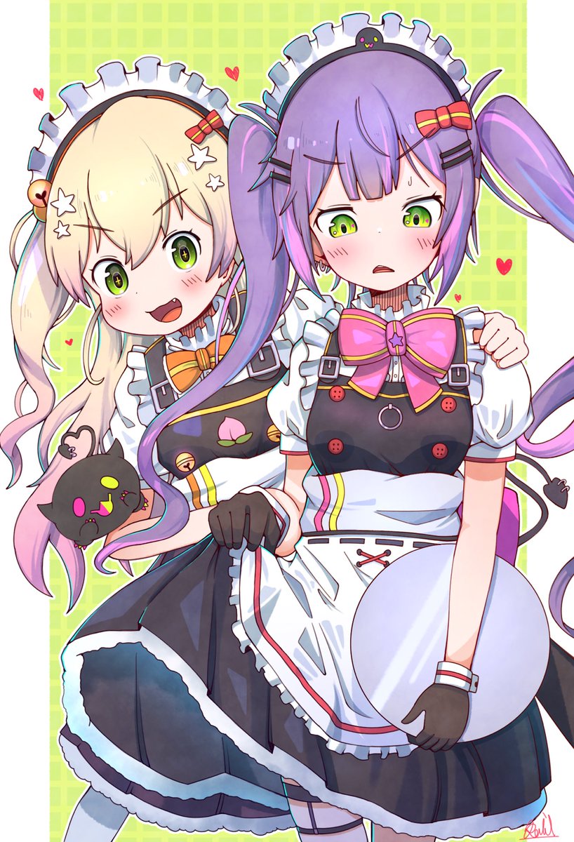 momosuzu nene ,tokoyami towa multiple girls 2girls green eyes purple hair maid enmaided long hair  illustration images