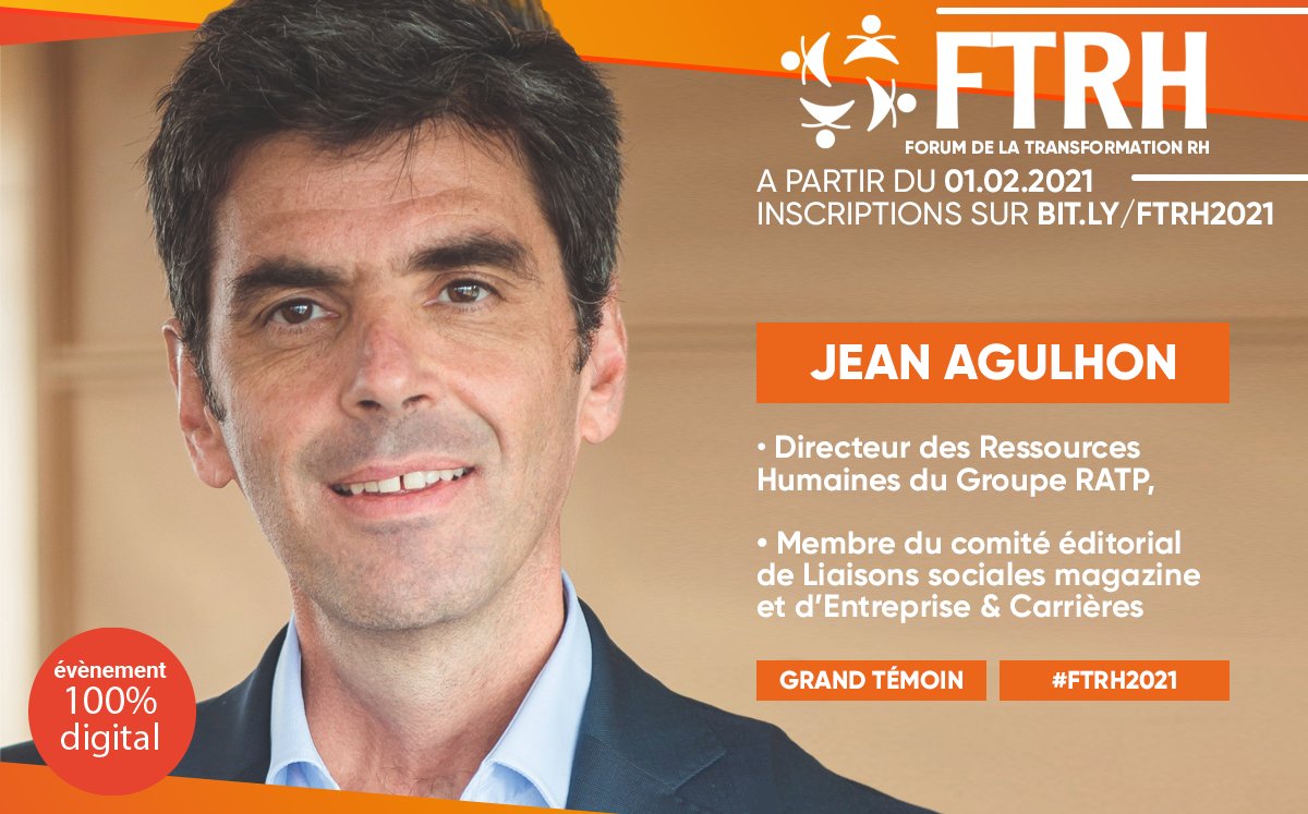#FTRH2021 - Jean AGULHON, DRH <a href="/RATPgroup/">RATP Group</a>, sera présent au <a href="/FtrhDe/">FTRH-FORUM DE LA TRANSFORMATION RH</a> #FTRH2021. Il interviendra en qualité de Grand témoin « Réinventer l’entreprise : création de valeur et disruption ».
Sa biographie : lnkd.in/eSKRKkD
Inscriptions >> bit.ly/FTRH2021