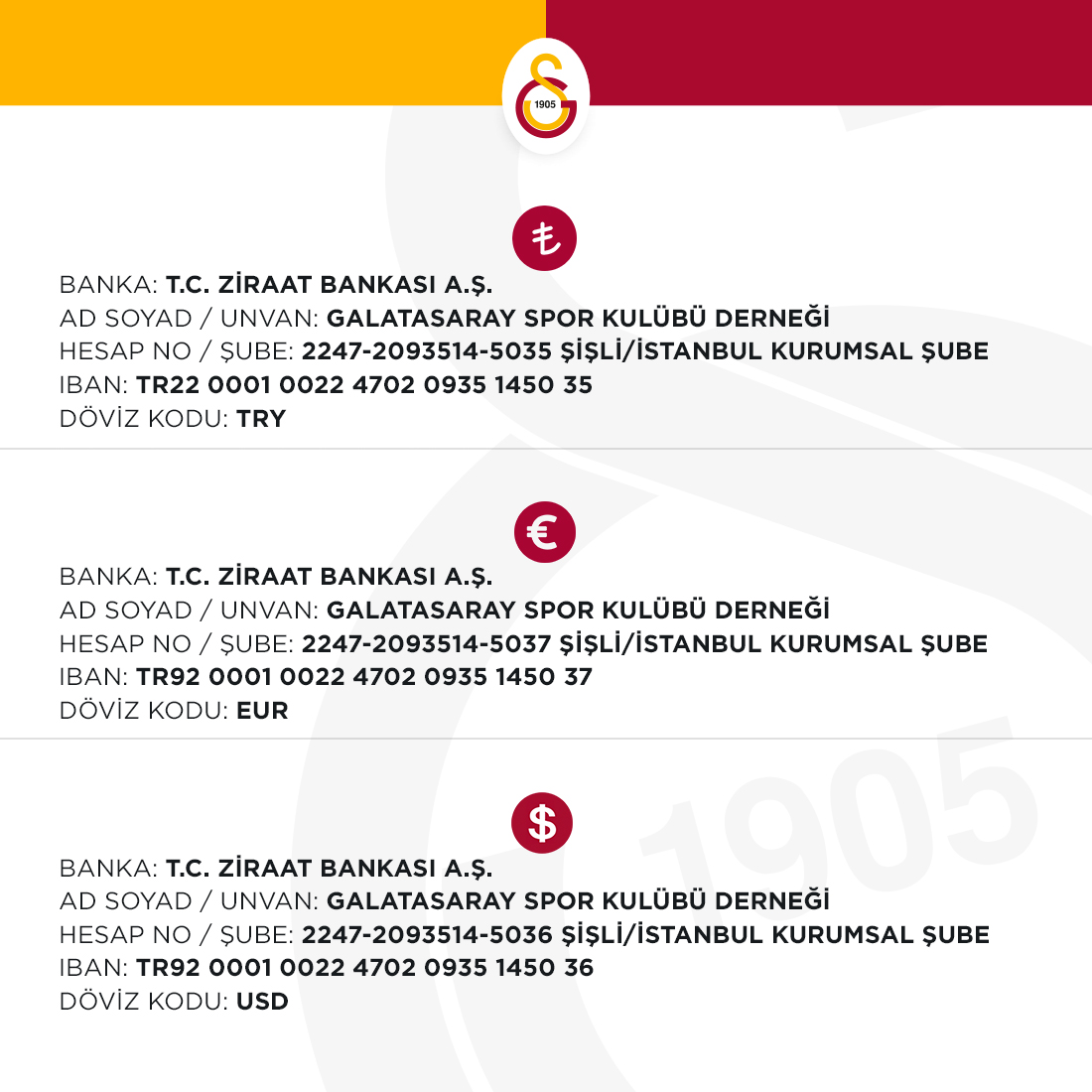 GalatasaraySK's tweet image. Galatasaray Spor Kulübü’ne bağış yaparak destek olmak isteyen taraftarlarımız için hesap numaralarımız aşağıdaki gibidir. #AslanGibiSponsor