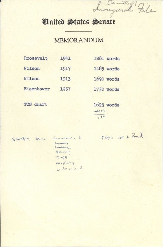 “I don’t want people to think I’m a windbag.” JFK asked his advisor Ted Sorensen to count the words of earlier inaugural addresses. When delivered, his address would be just over 1,300 words. https://www.jfklibrary.org/asset-viewer/archives/TCSPP/062/TCSPP-062-002?image_identifier=TCSPP-062-002-p0015