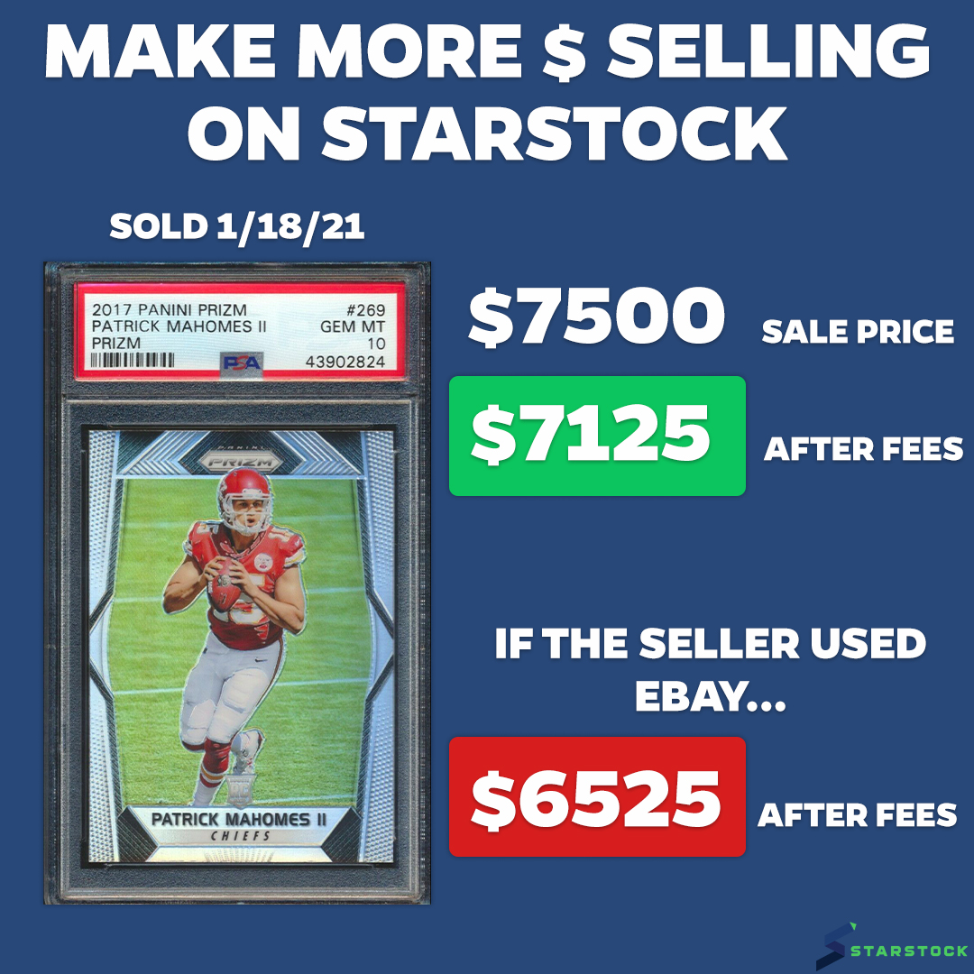 starstock's tweet photo. You can make more $ by selling your cards on StarStock! In the past weeks there have been some big sales where sellers saved hundreds of dollars in fees by using our site 📈🔥💸 https://t.co/vbh7jRWjbI