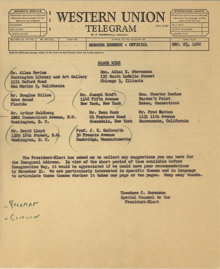 JFK’s inaugural address would cover themes mentioned on the campaign trail, and he also reached out to historians, politicians, economists, and writers to gather suggestions. https://www.jfklibrary.org/asset-viewer/archives/TCSPP/062/TCSPP-062-002?image_identifier=TCSPP-062-002-p0004