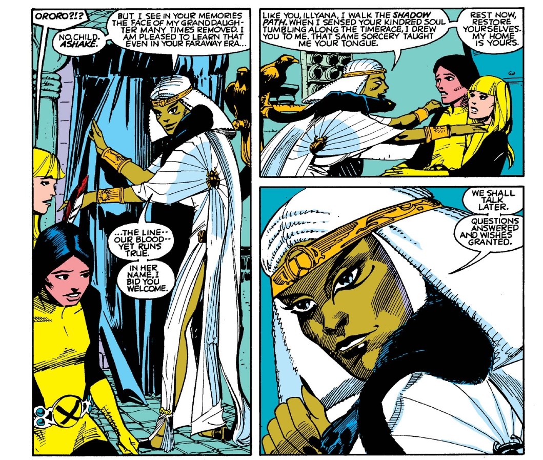 Study and heritage, of course, are not the same thing and indeed we learn in New Mutants #32 that Storm is a descendant of Ashake, an ancient sorceress character who appears in Marada the She Wolf (from Marvel’s Epic line). Ashake has silver hair and blue eyes. 3/6
