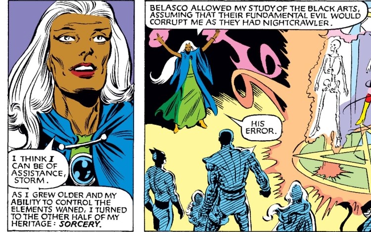 In UXM #160 the X-Men travel to Limbo and meet an alternate timeline version of Storm who references “the other half of my heritage: sorcery.” She notes that Belasco allowed her study of the black arts, assuming they’d corrupt her. They didn’t. 2/6