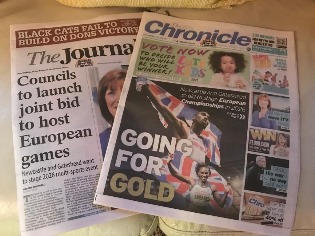 Some big news breaking in North East England - Newcastle &amp; Gateshead are planning to bid for the 2026 European multi sport Championships incl Athletics....

If successful it would be the first time in history that the <a href="/EuroAthletics/">European Athletics</a> Championships were held in UK since 1934