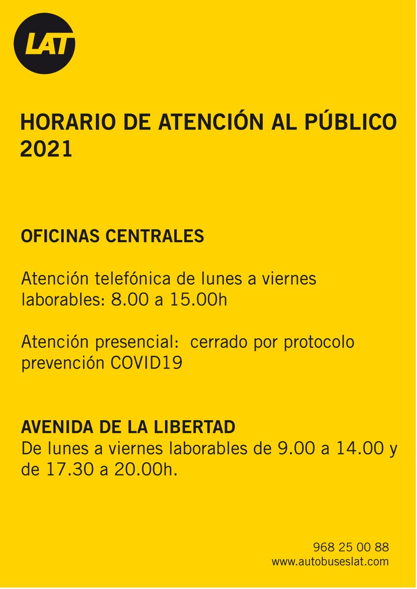 📢📢#Aviso #AutobusesLAT📢📢
Nuevo horario de atención al público 👇⏰