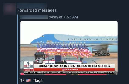 Some in the QAnon community are now suggesting that the number of American flags behind Trump at Joint Base Andrews, where Trump is going as he leaves office and Washington, D.C., somehow proves the conspiracy theory. ("Q" is the 17th letter of the alphabet.)
