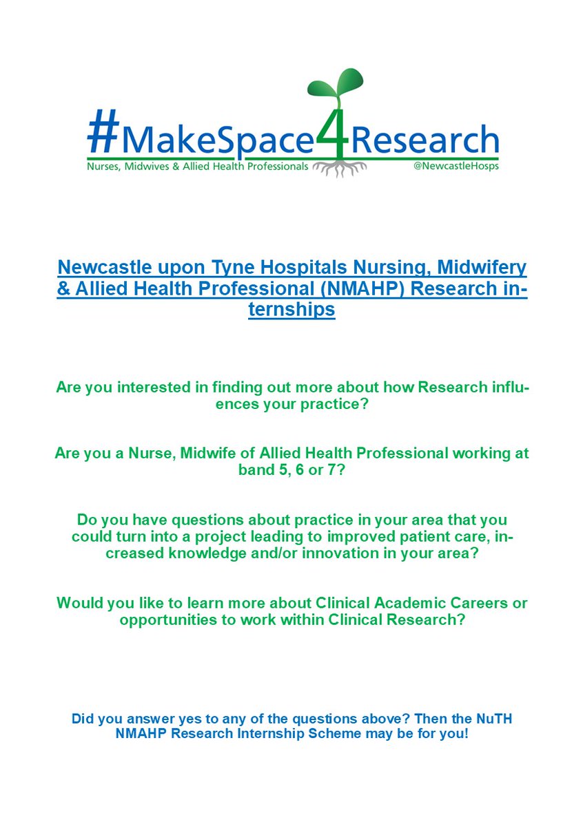 NUTH_NMAHPRes's tweet photo. *INTERNAL ONLY Bands 5, 6 &amp; 7 NMAHPs* make YOUR #ResearchResolution the @NewcastleHosps research internship. 6 months 1 day/week to learn about research &amp; pursue your research ideas. Closing date 4/2 - get applying! @abley_c @faniapagnamenta https://t.co/TLJ1k7U3Ad
